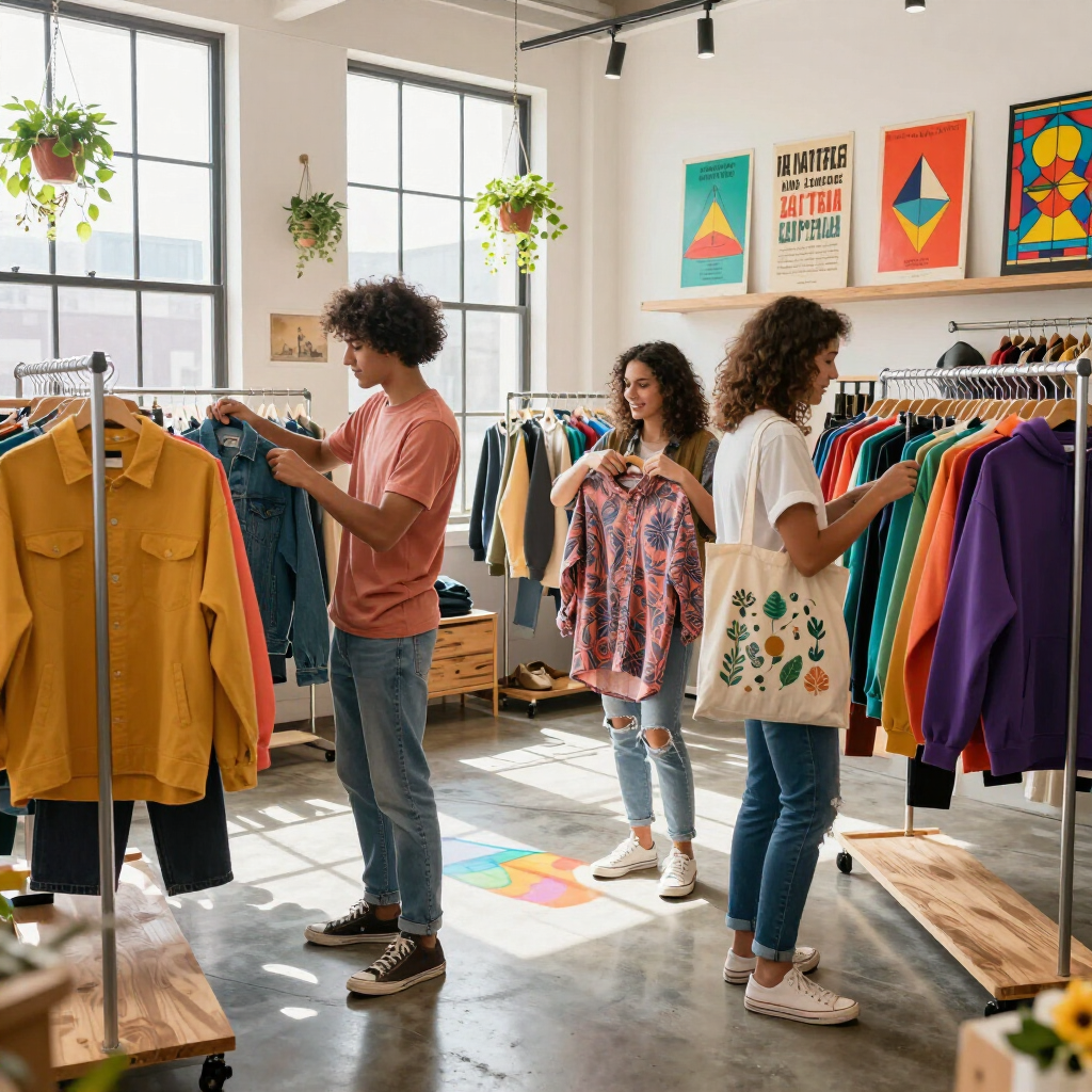 Clientes hojean ropa colorida en percheros en una luminosa boutique con grandes ventanales y plantas colgantes.