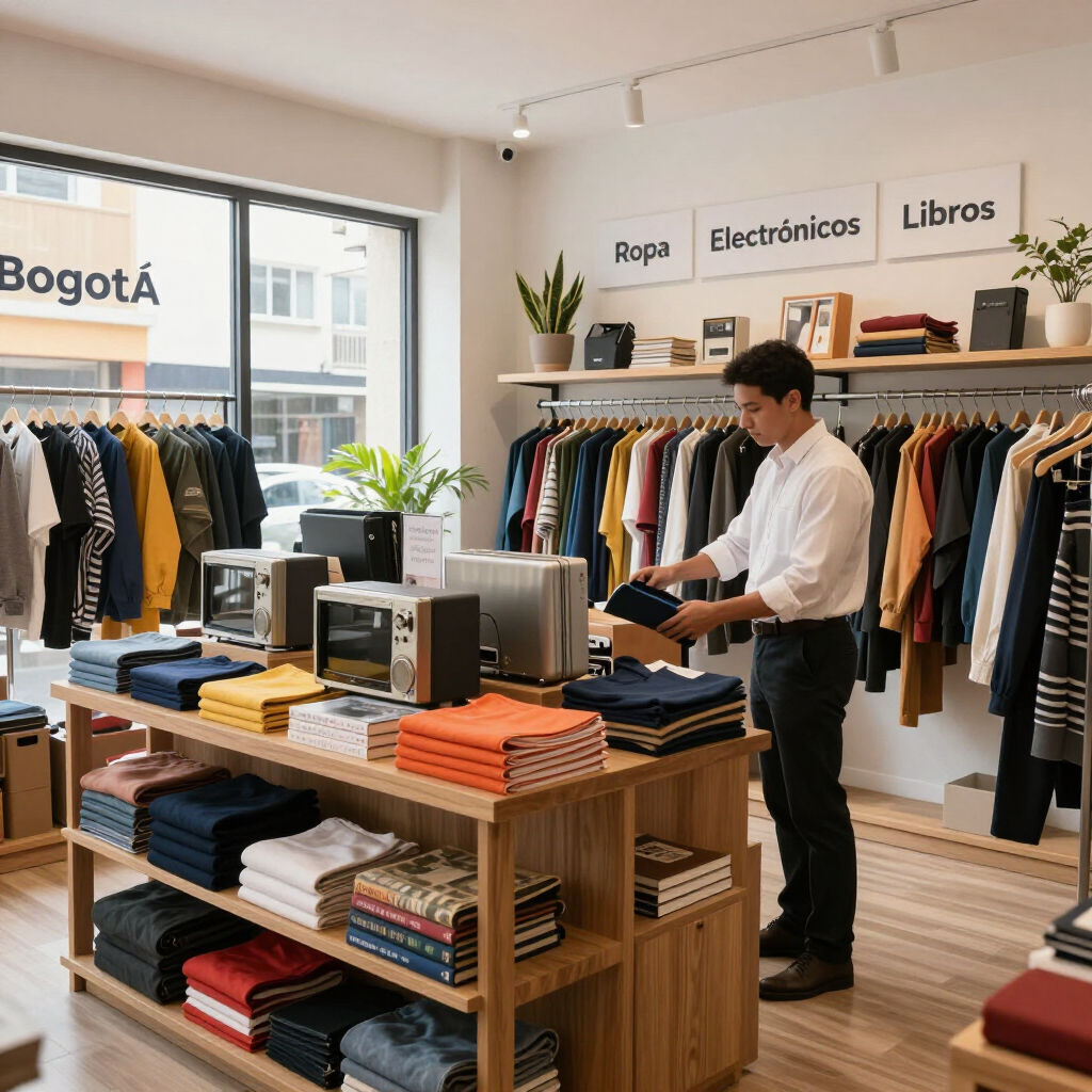 Un hombre dobla ropa en una luminosa tienda con percheros de camisas, estantes y letreros de ropa, electrónicos y libros.