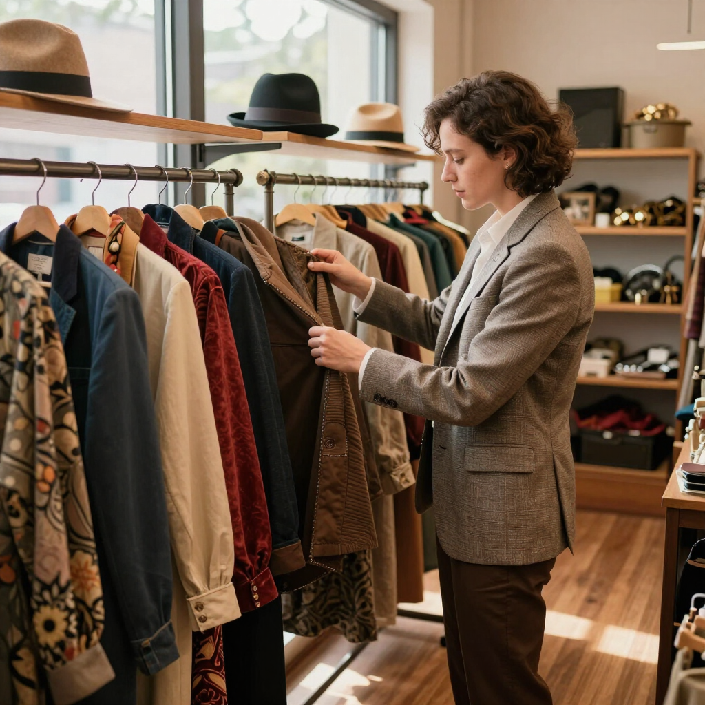 Una persona examina abrigos en un perchero de una boutique, sosteniendo una chaqueta estampada.