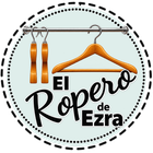 Logo circular de “El Ropero de Ezra” con perchas y barra de ropa en tonos dorados.