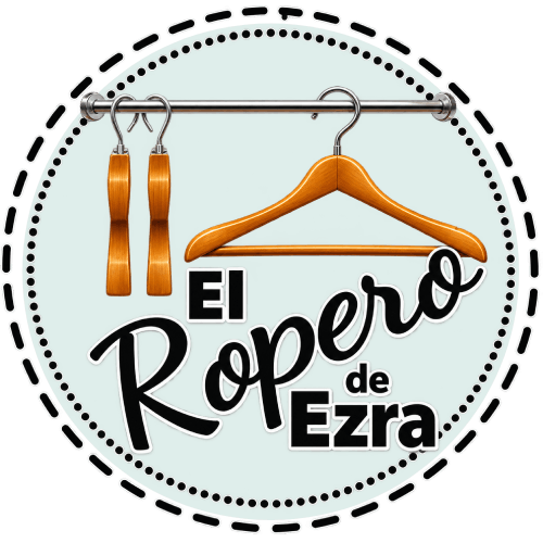 Logo circular de “El Ropero de Ezra” con perchas y barra de ropa en tonos dorados.