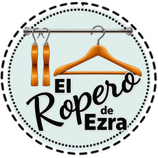 Logo circular de “El Ropero de Ezra” con perchas y barra de ropa en tonos dorados.