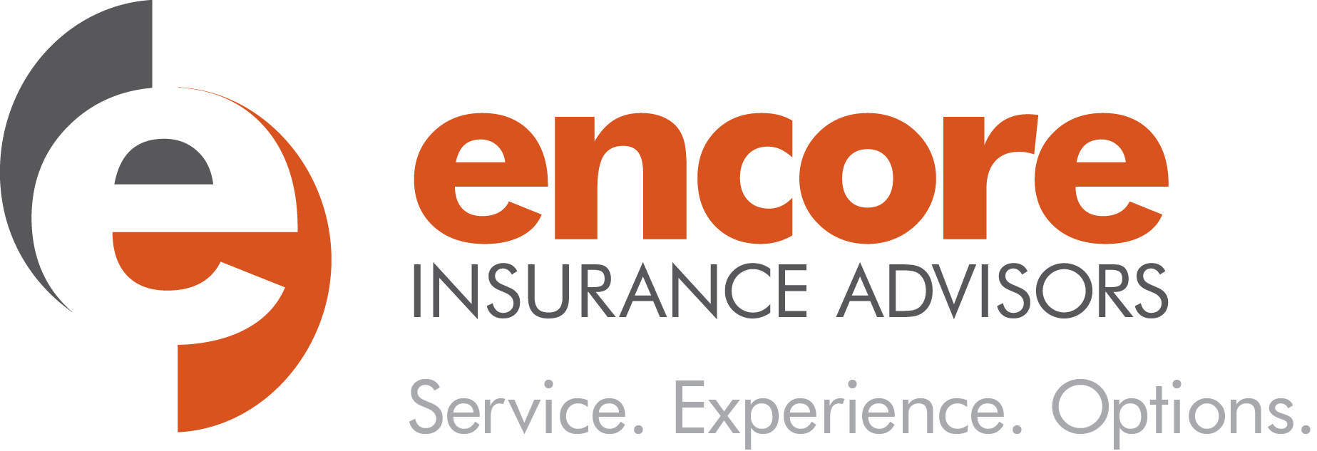 Logo for Encore Insurance Advisors with a stylized "e" and tagline "Service. Experience. Options."
