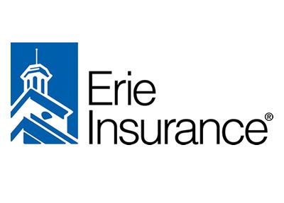 The logo for erie insurance shows a building with a tower on top of it.