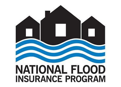 A logo for the national flood insurance program with houses and waves.