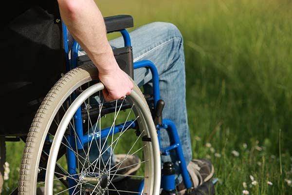 A person in a wheelchair is sitting in the grass.