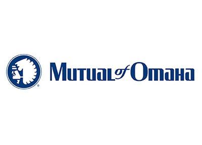 The mutual of omaha logo is a blue logo with an indian head on it.
