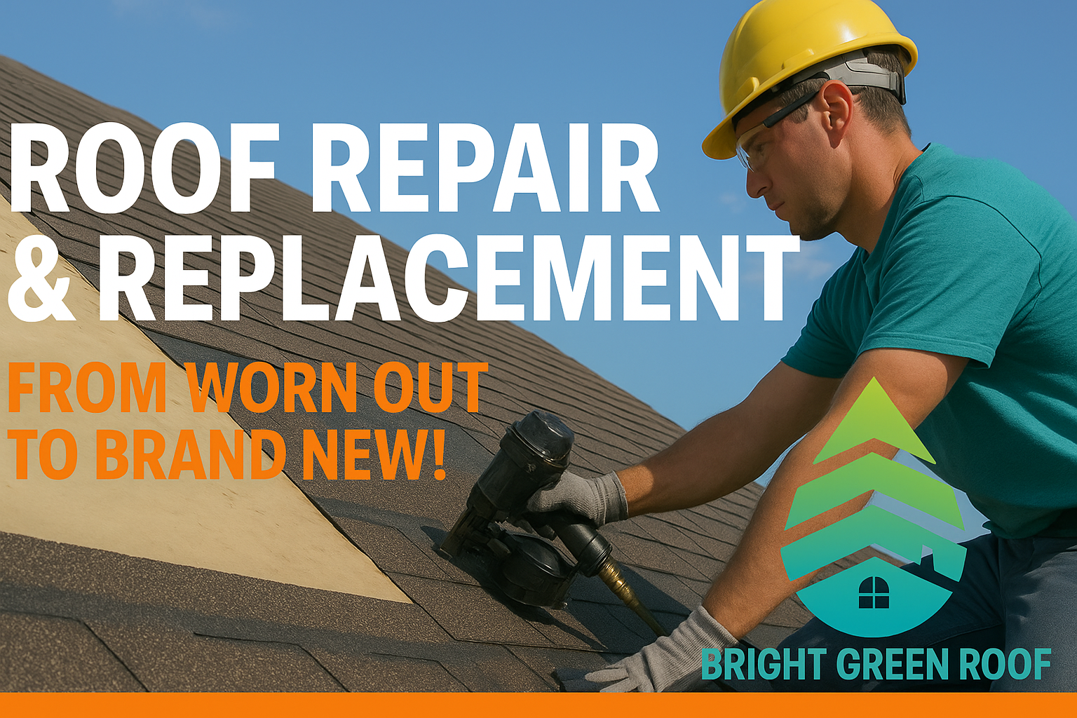 Roof repair and replacement ad showing a worker in a yellow hard hat fixing shingles on a roof.