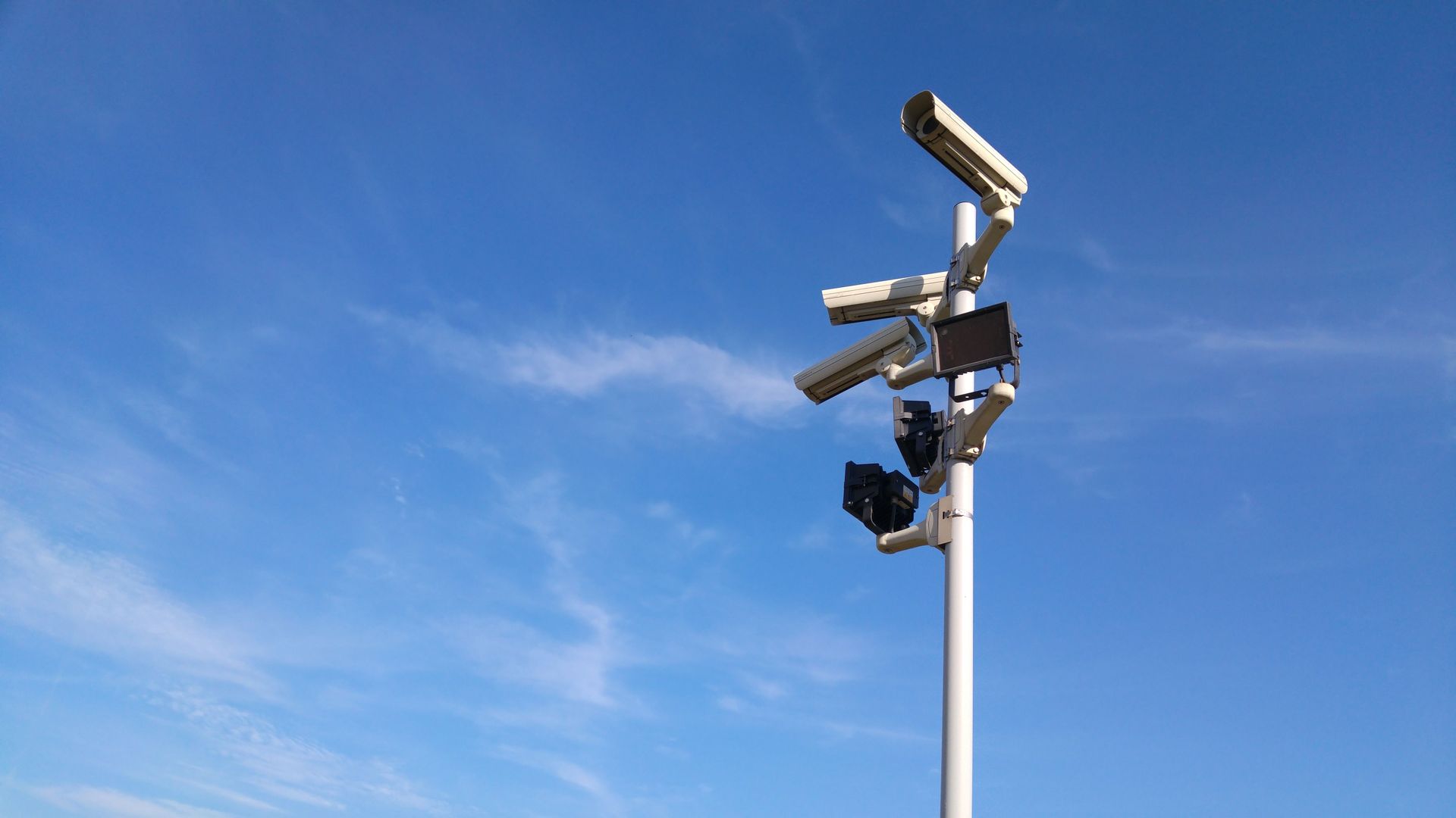 Pole-mounted security cameras against a clear blue sky