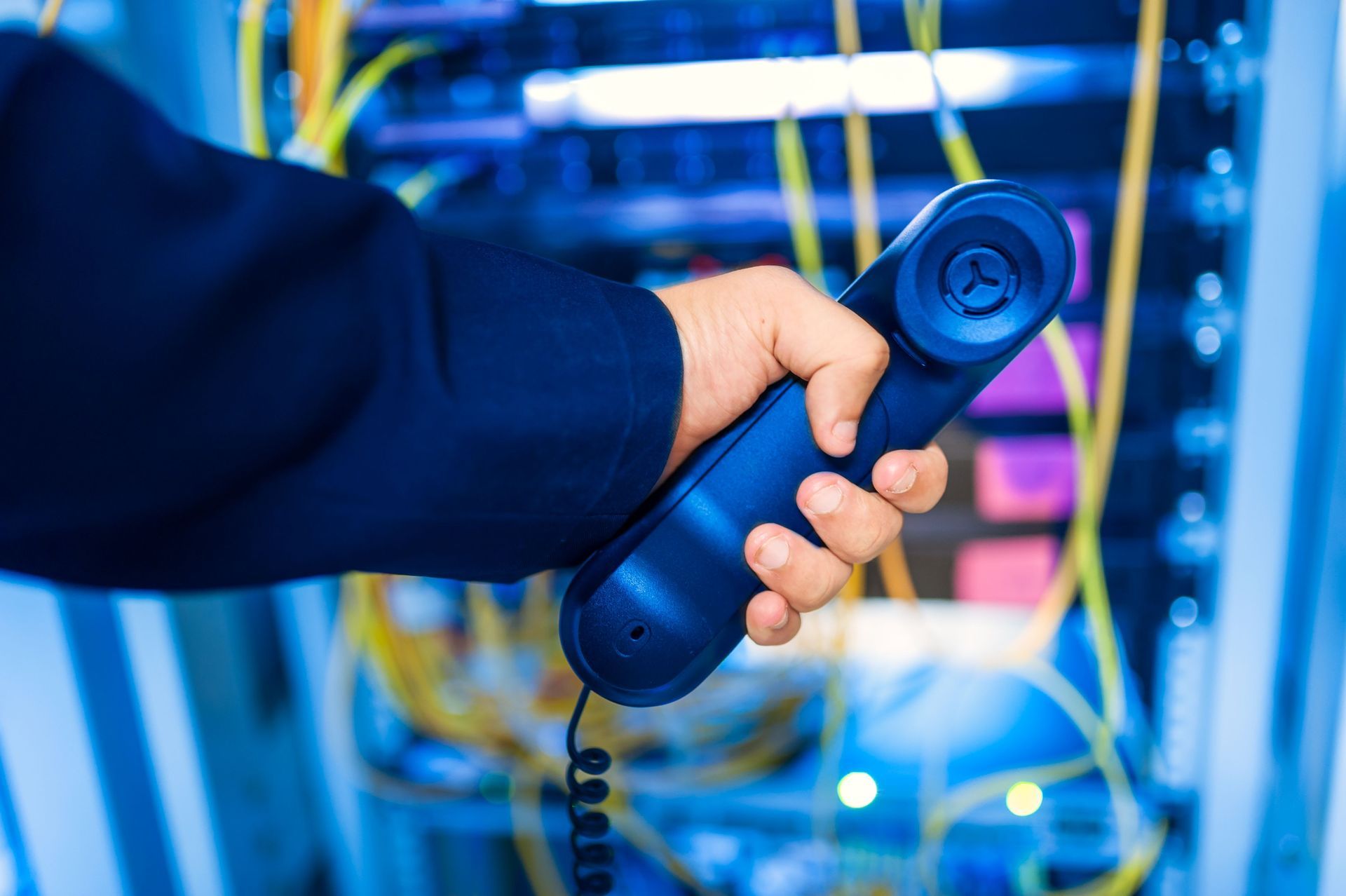 Hand holding a blue telephone receiver in a server room with network cables and equipment.
