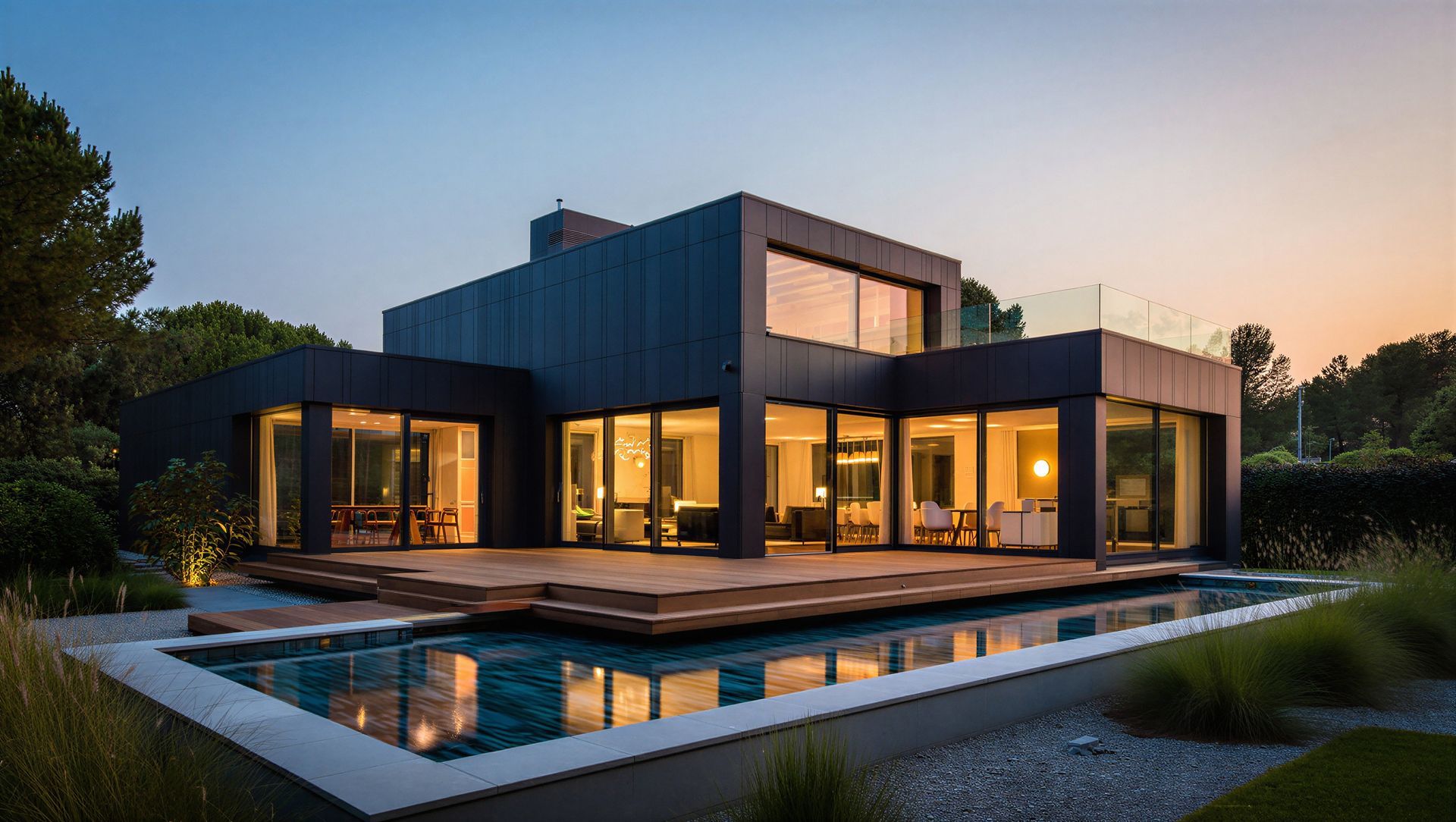 Modern composite deck with white railing.