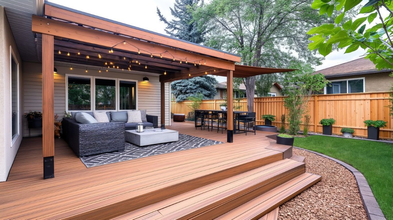 Modern multi-level wooden deck.