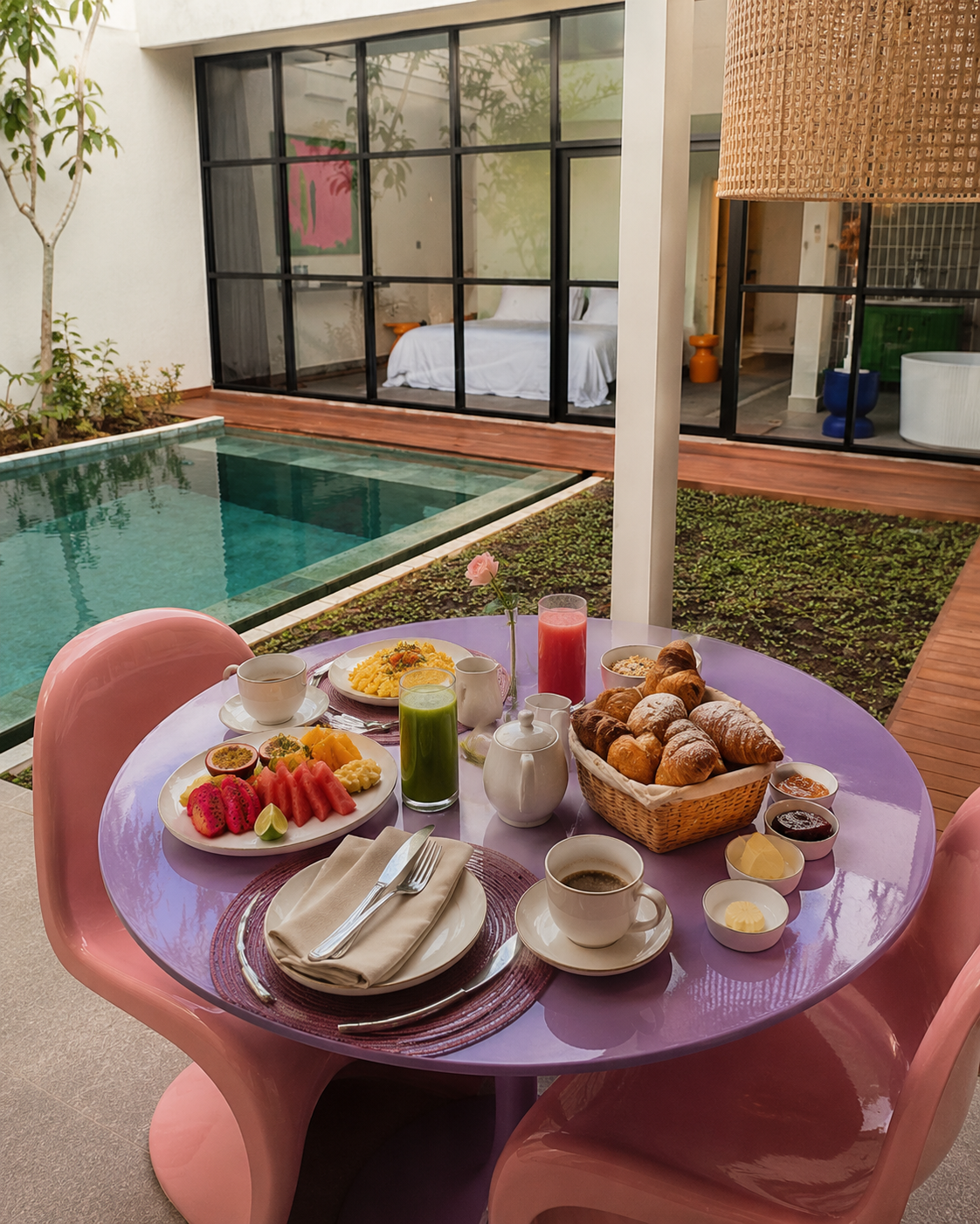Breakfast tray on a purple table beside a pool, with pastries, fruit, coffee, and juice in a modern patio setting
