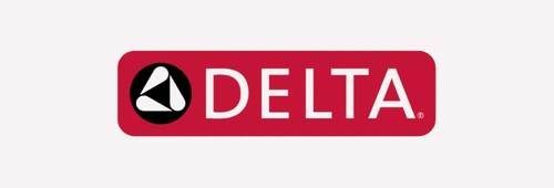 Delta logo on a red rounded rectangle with a black circular icon on the left