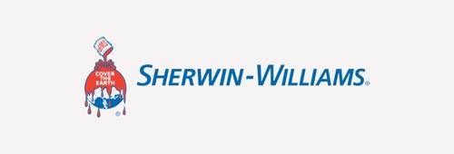 Sherwin-Williams logo with red paint can mascot and blue brand name on white background