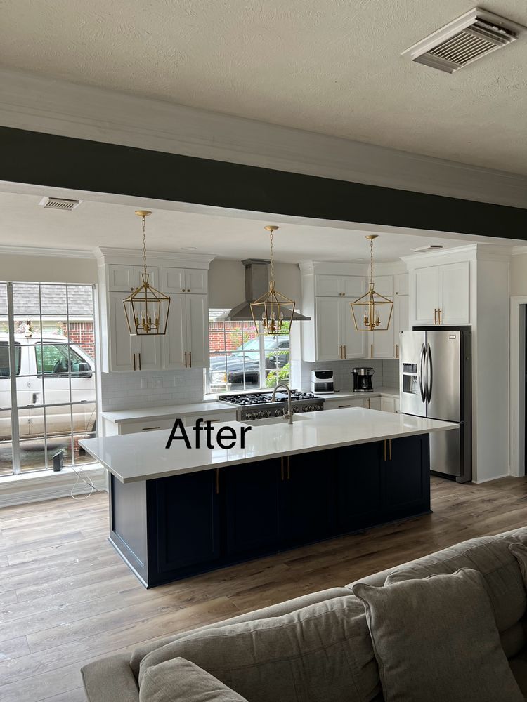 Modern kitchen with white cabinets, black island, stainless fridge, and pendant lights; “After” text overlaid