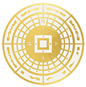 A golden circular emblem featuring a central square, cardinal letters, and repeating geometric patterns.