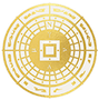 A circular gold and white emblem with concentric rings, decorative patterns, and a central square symbol.