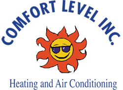 Logo for Comfort Level Inc., showing a smiling sun with sunglasses, text 