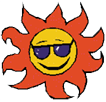 Smiling sun with sunglasses and orange rays.
