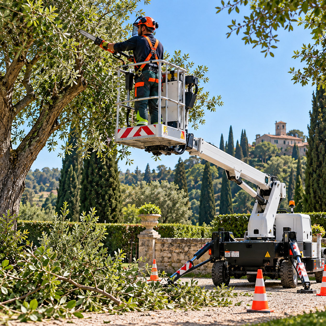 Un operaio usa un decespugliatore a gas per tagliare l’erba lungo il bordo del marciapiede, accanto a un albero e al marciapiede