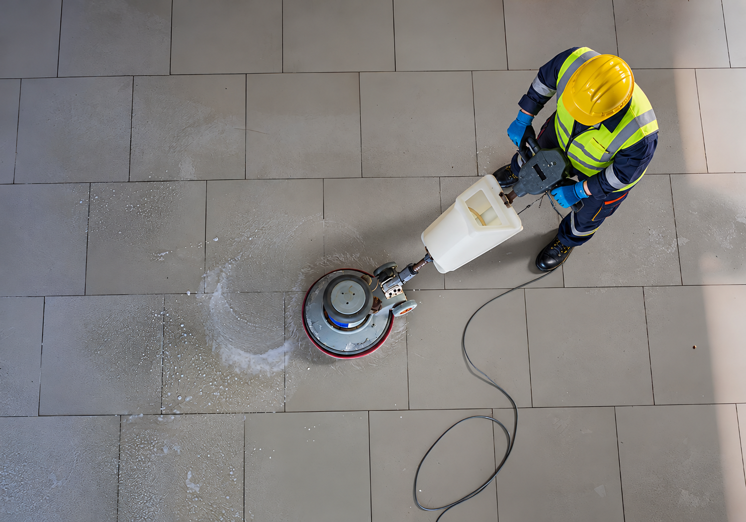 Persona alla guida di una lavasciuga pavimenti in una hall con pavimento in piastrelle lucide
