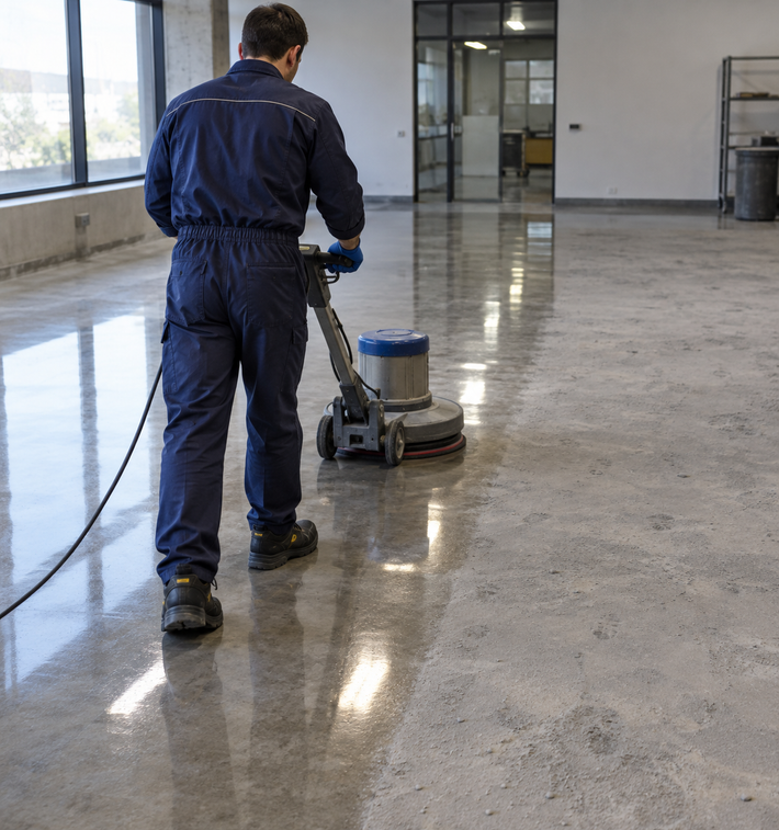 Un operaio lava con il mocio il pavimento lucido di un luminoso corridoio industriale