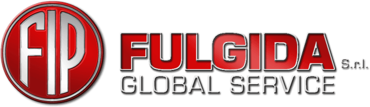 Logo di Fulgida Global Service con emblema circolare rosso FIP e scritta in grassetto grigio e rosso