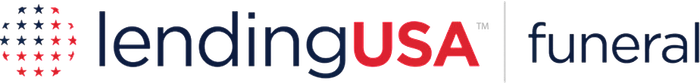 LendingUSA funeral logo with red and gray text and a dotted circular icon