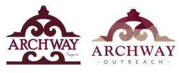 Two burgundy Archway logos, one with “ARCHWAY” and one with “ARCHWAY OUTREACH” on a white background