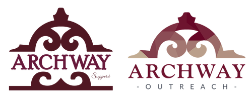 Two burgundy Archway logos, one with “ARCHWAY” and one with “ARCHWAY OUTREACH” on a white background