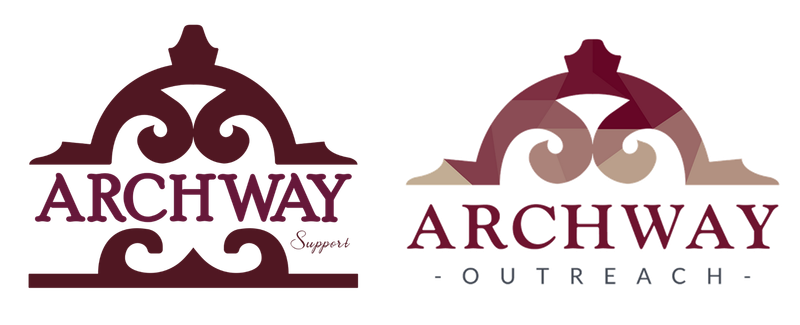 Two burgundy Archway logos, one with “ARCHWAY” and one with “ARCHWAY OUTREACH” on a white background
