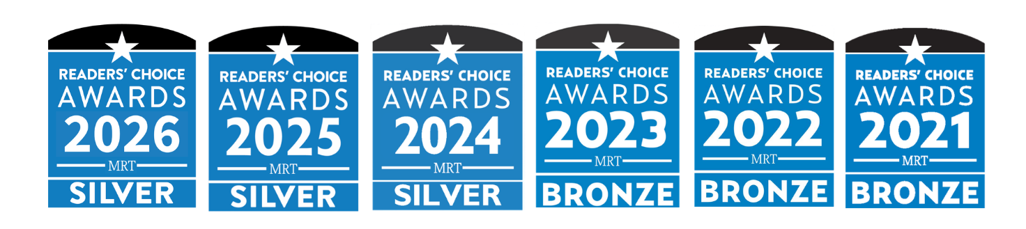 Row of seven blue and silver award badges labeled “Awards 2026–2020,” each marked silver or bronze.