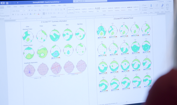 Spreadsheet with colorful circular charts and metrics displayed on a monitor