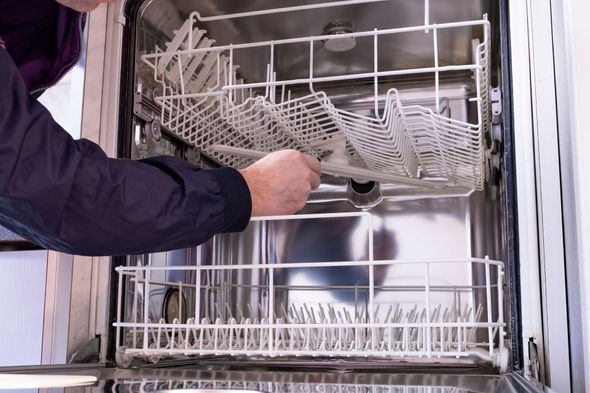 Person loading a dishwasher with dishes in a kitchen