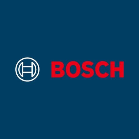 Bosch logo on a blue background, with white emblem and red text.