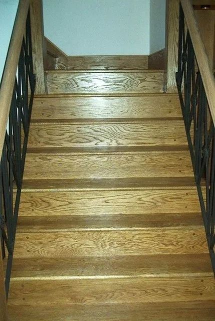 Wooden staircase with carpeted steps and dark railings leading upward indoors