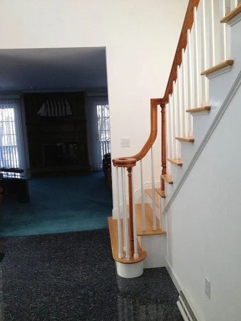 Interior hallway with carpeted stairs, wooden banister, and a dark doorway ahead.