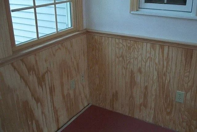 Wood-paneled corner of a room with a window, beige wall trim, and a red carpeted floor.