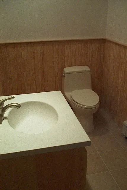 Small bathroom with white sink vanity, toilet, and wood-paneled walls.