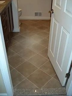 Hallway with tan tile floor, beige walls, and a white door partially open on the right.