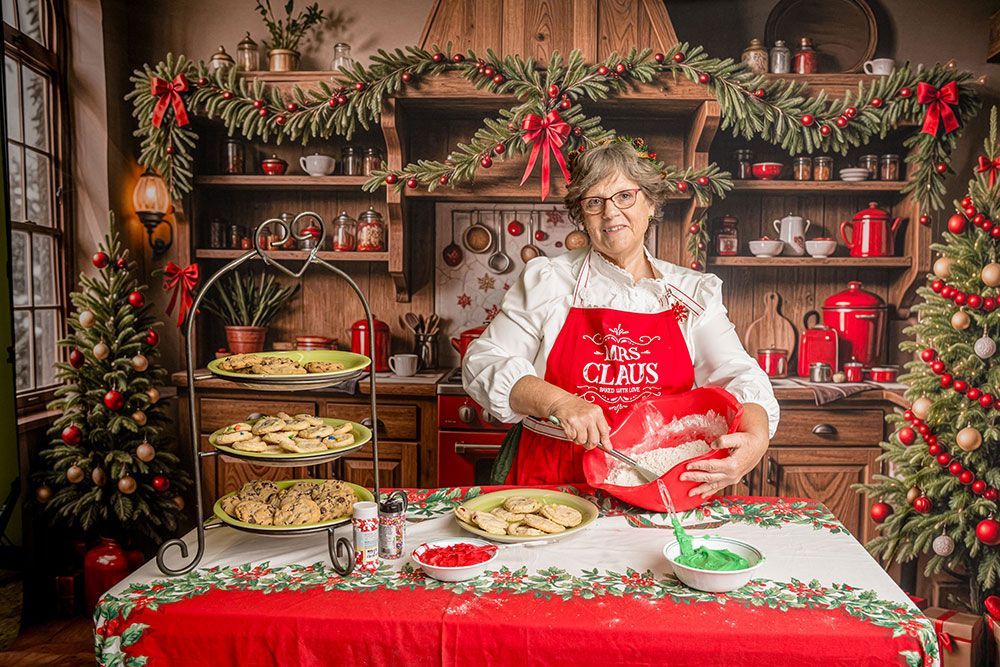 Mrs. Claus in the kitchen baking up some cookies