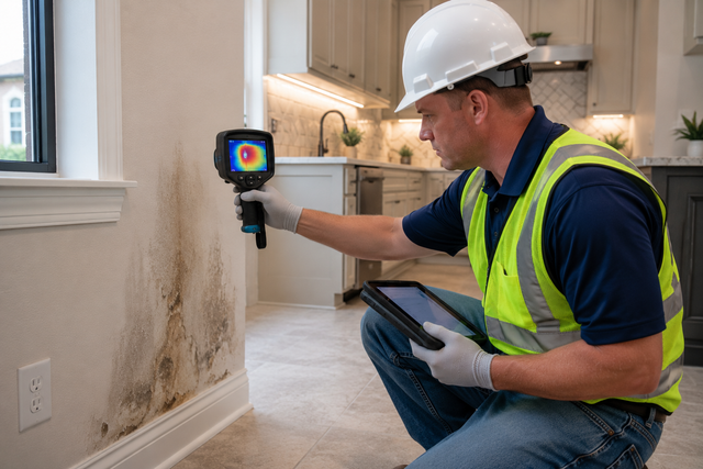 Technician inspecting mold damage with a thermal camera in a home kitchen