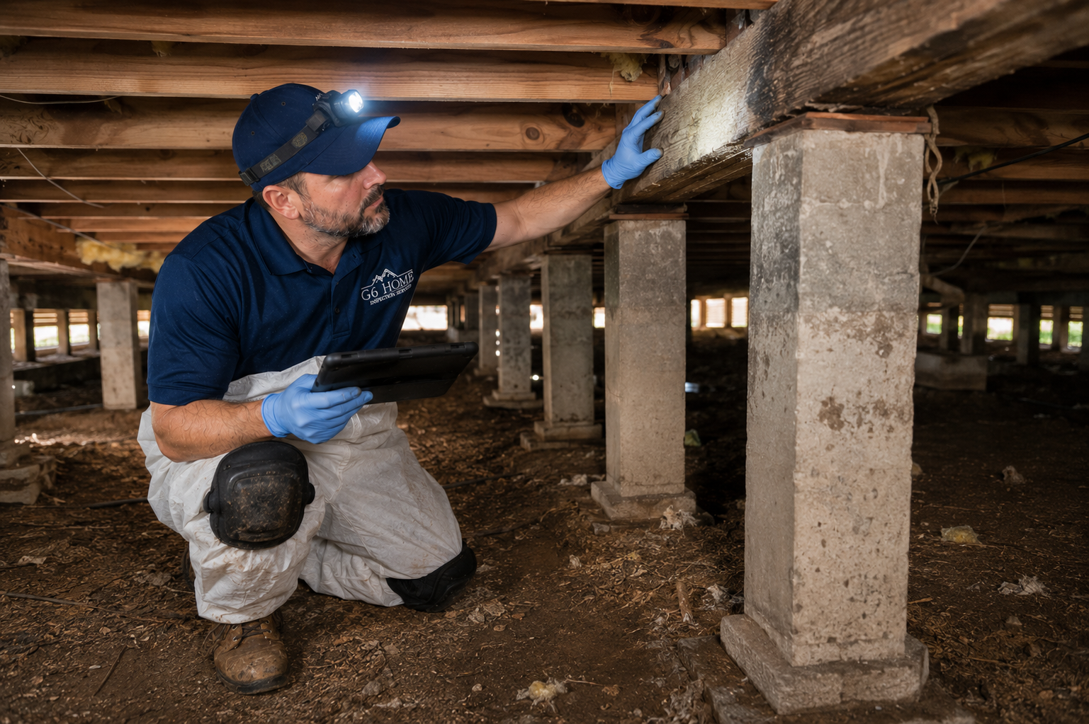 Technician in blue uniform inspecting wooden beams under a house crawlspace with a flashlight