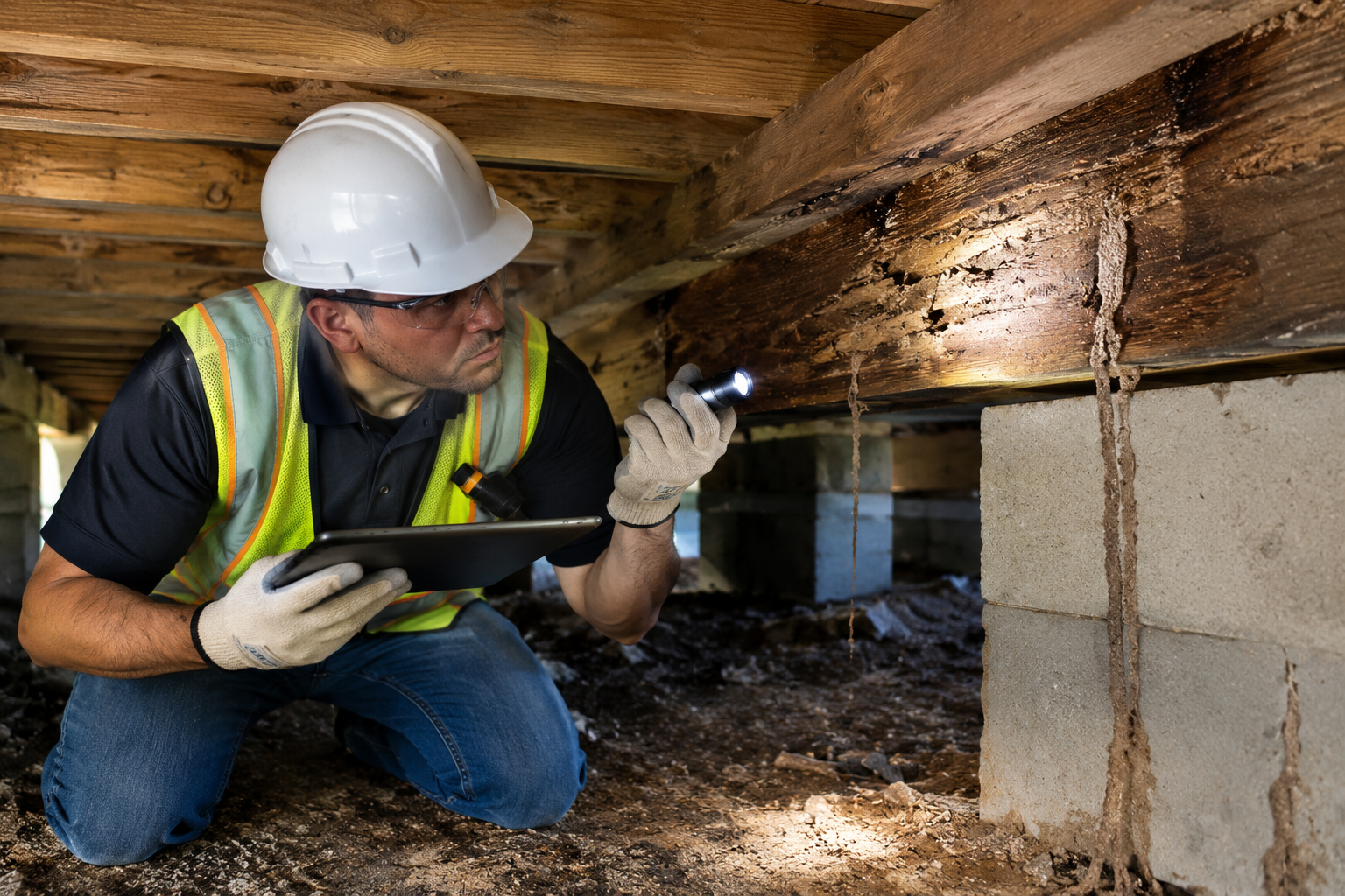 Inspector crouching under a wooden structure, shining a flashlight at a damp beam near concrete supports.