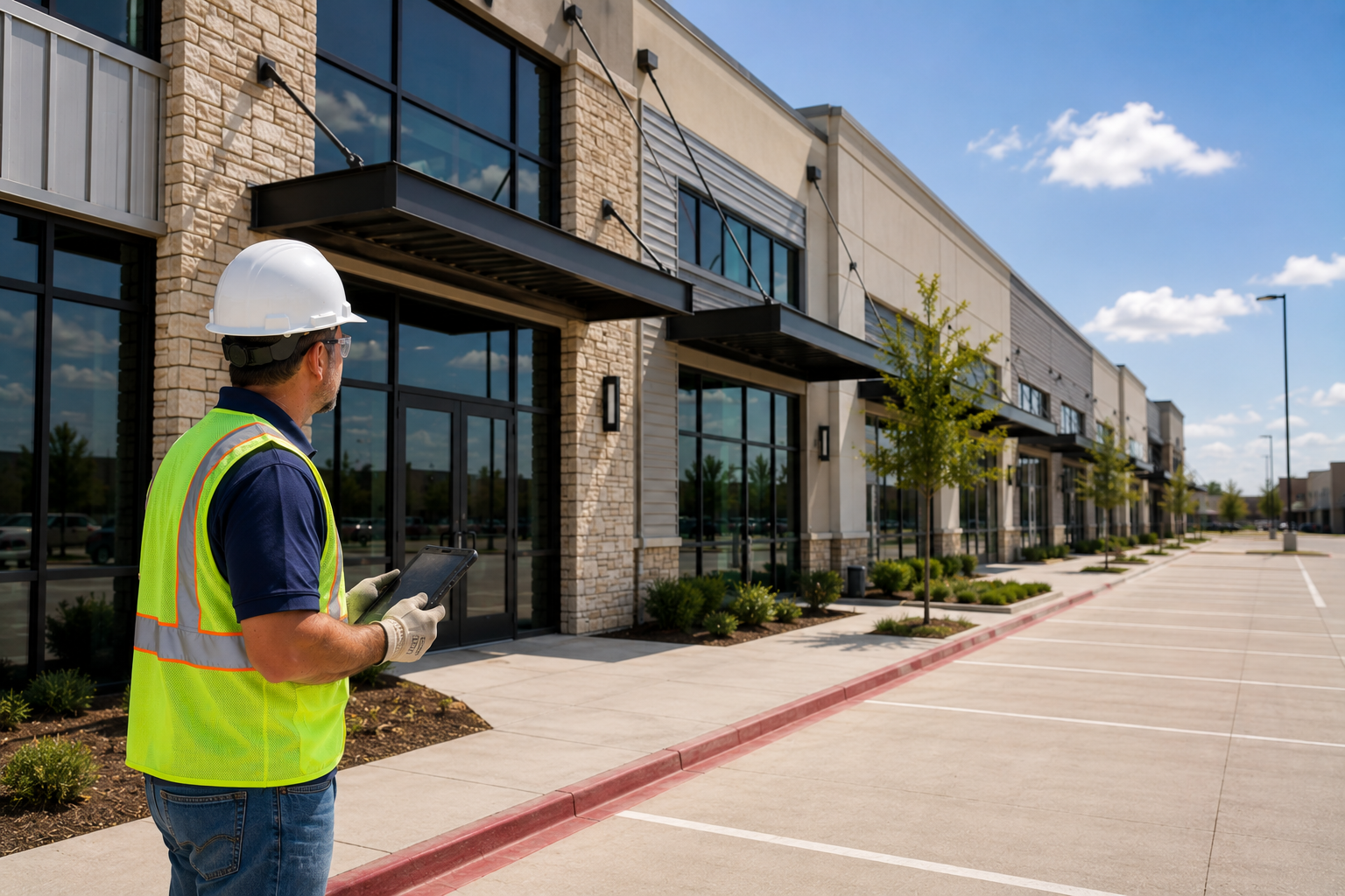 Worker in safety vest and hard hat inspecting new industrial building exterior on a sunny day