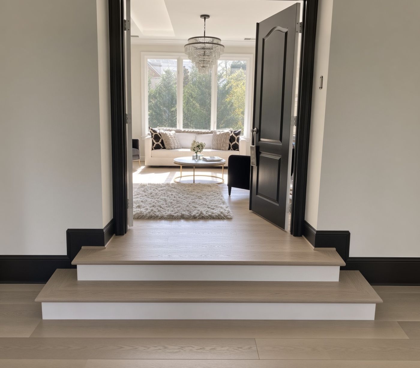 After: squared white oak step-up with white risers