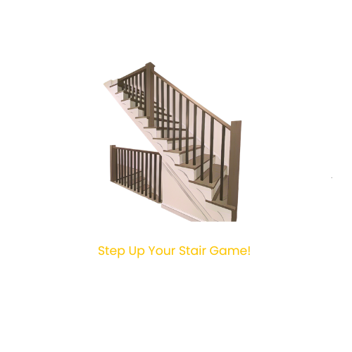 A picture of a staircase with the words `` step up your stair game '' below it.