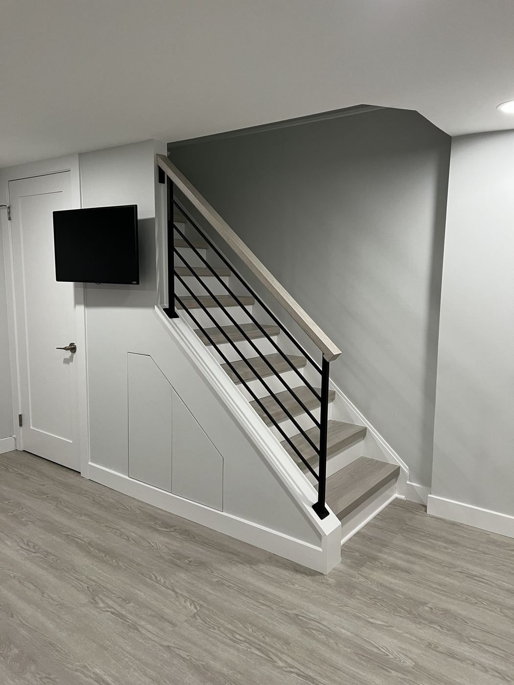 Basement stair with horizontal iron railing