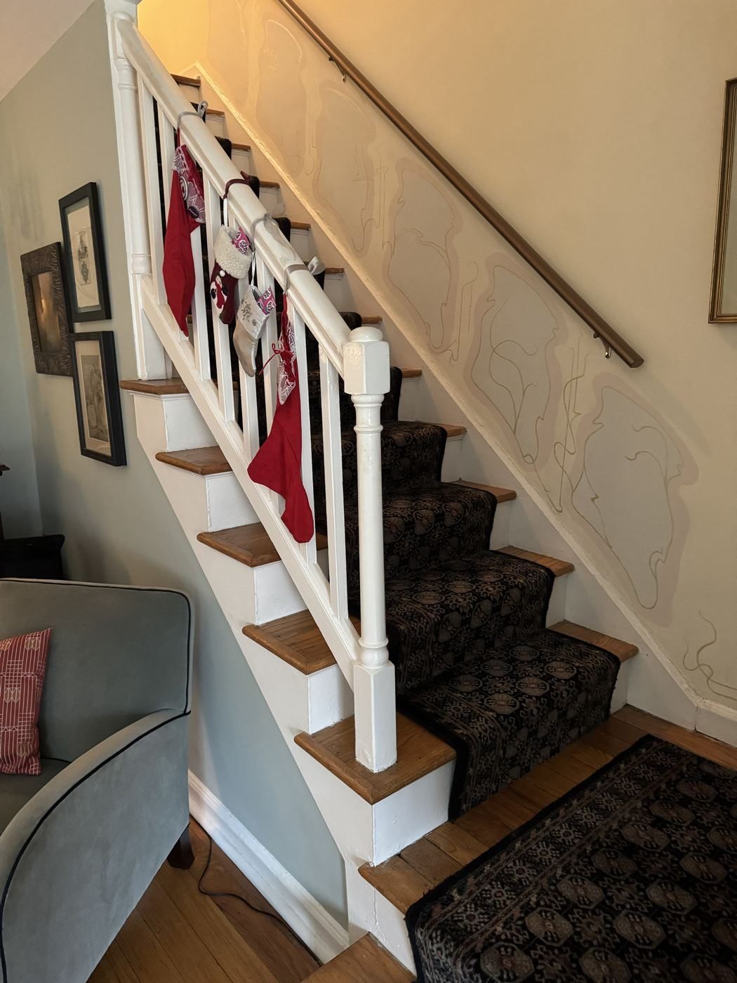 Carpet runner with oak treads and newel